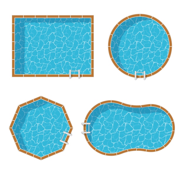 Swimming pools top view set isolated. Blue water leisure relaxation