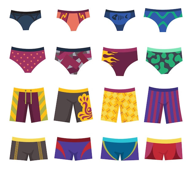 Vector swimming trunks set men underwear underpants and shorts different models beautiful clothing for beach and everyday life isolated on white background summer holiday pool apparel sea vacation