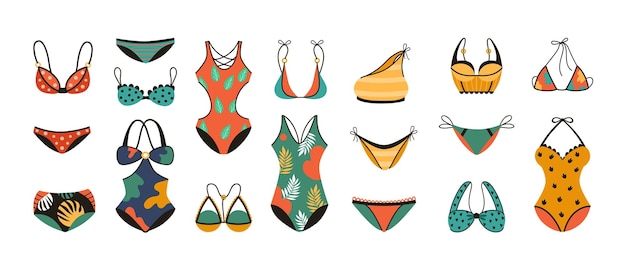 Swimsuit lingerie set beautiful doodle underwear clothes with botanical and abstract prints for sunbathing Colorful swim suit various hand drawn set Vector isolated illustration