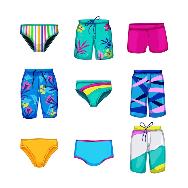 Swimsuit men set cartoon vector illustration