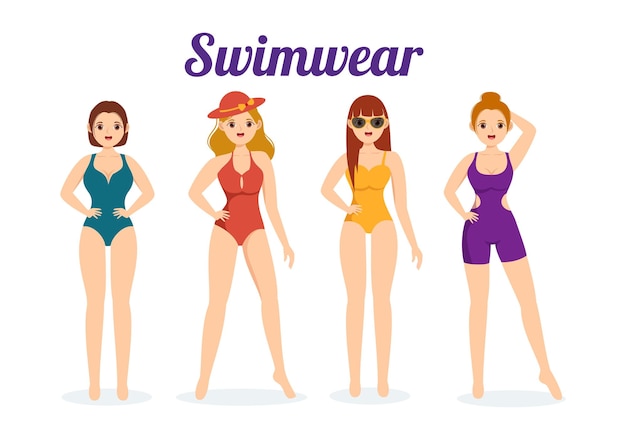 Swimwear with Different Designs of Bikinis and Swimsuits for Women at the Summer Beach Illustration