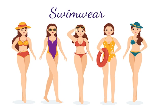 Swimwear with Different Designs of Bikinis and Swimsuits for Women at the Summer Beach Illustration