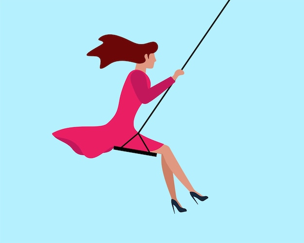 Swinging cute woman in pink dress happy beautiful girl relaxing and riding on swing female self care