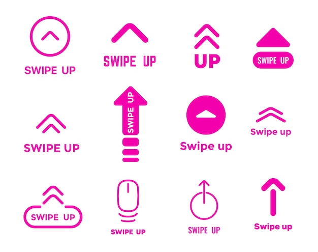 Swipe up icons and signs arrow buttons for scroll and drag for social media vector symbols Mobile application interface buttons to swipe up red pink flat line arrows for UI and UX app