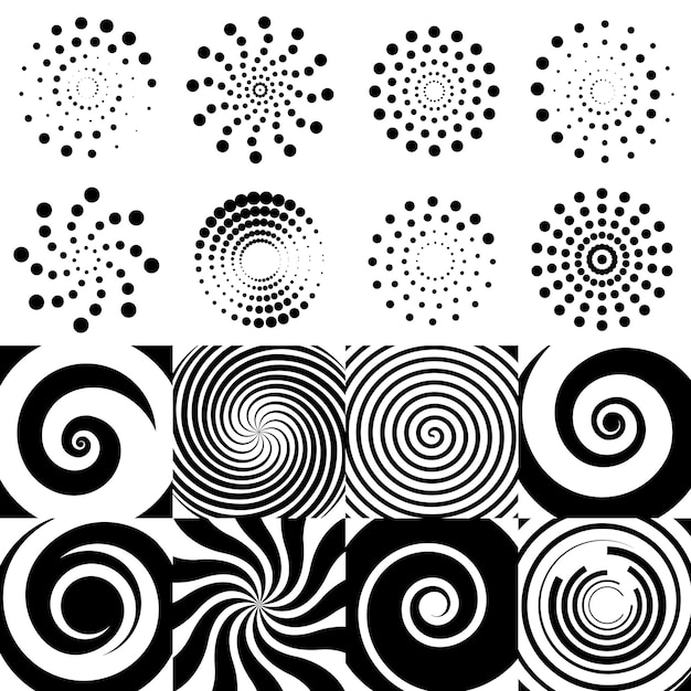 Swirl elements Hypnotic geometric sign black halftone rounds Isolated dotted circles vector collection