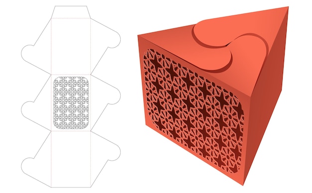 Swirl triangle box with stenciled pattern window die cut template and 3D mockup