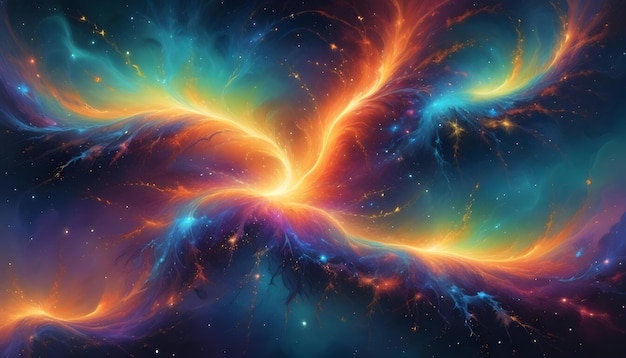 Vector a swirling cosmic cloudscape of orange blue and purple hues against a starry background