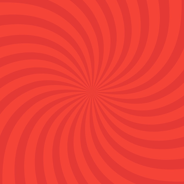 Swirling radial bright red pattern background. Vector illustration for swirl design. Vortex starburst spiral twirl square. Helix rotation rays. Scalable stripes. Fun sun light beams.