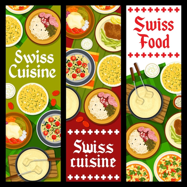 Swiss cuisine restaurant menu meals vector banners