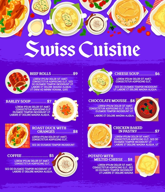 Swiss restaurant cuisine menu page vector template