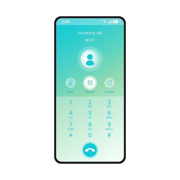 Vector switched keypad smartphone interface vector template. mobile app page blue gradient design layout. incoming call, audio record screen. flat ui for application. mute, speaker buttons. phone display