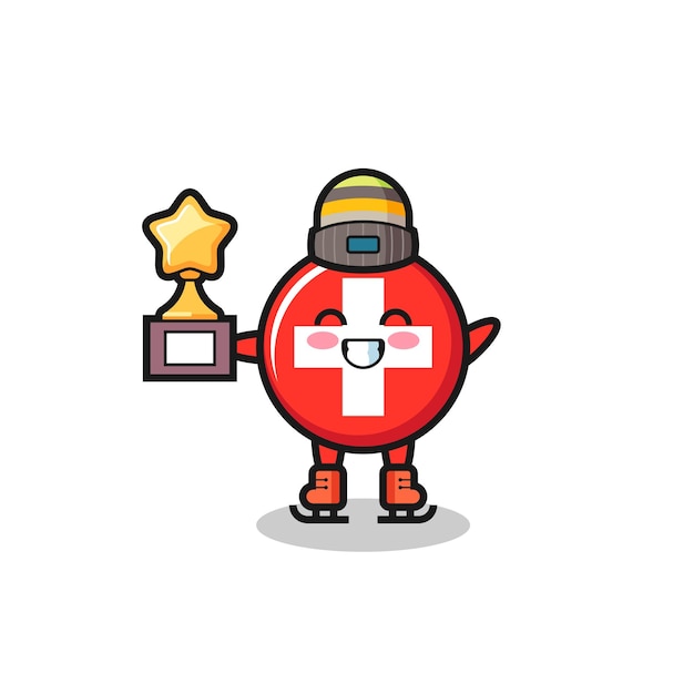 Switzerland flag badge cartoon as an ice skating player hold winner trophy , cute style design for t shirt, sticker, logo element