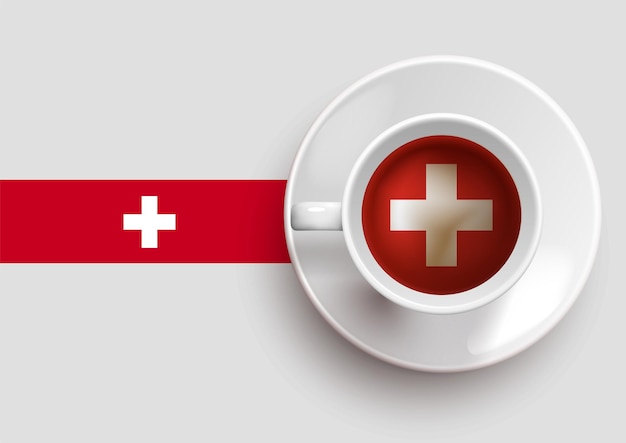 Switzerland flag with a tasty coffee cup on top view