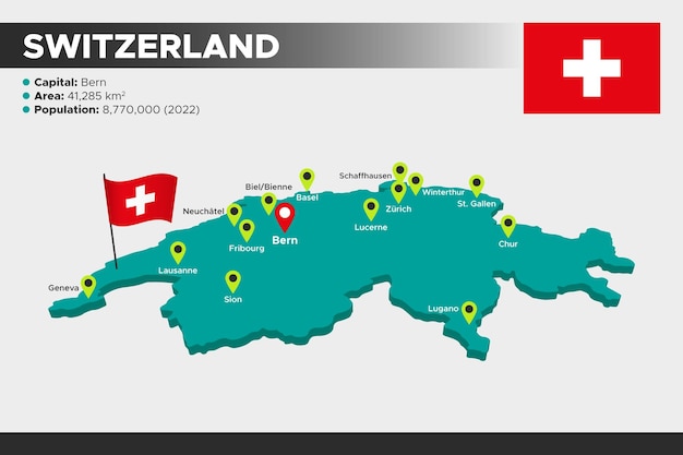 Switzerland isometric 3d illustration map Flag capital cities area population and map of Switzerland