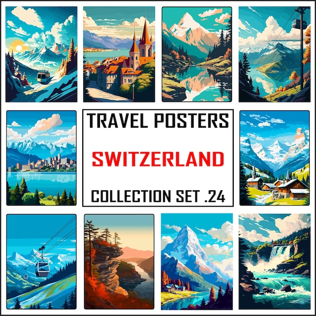 Vector switzerland travel poster wall art print wpa bundle package collection set 24