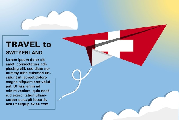 Switzerland travel vector banner with paper flag and text space flag paper plane vacation concept