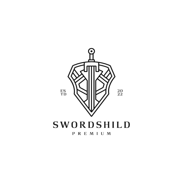 Sword and shield armor logo design with line art style