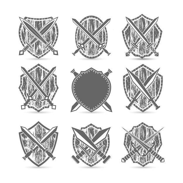 sword and shield icon set. vector abstract grunge style