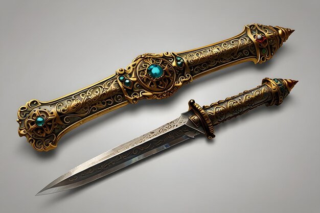 Vector a sword with a blue gem on it and a green sapphire on the front