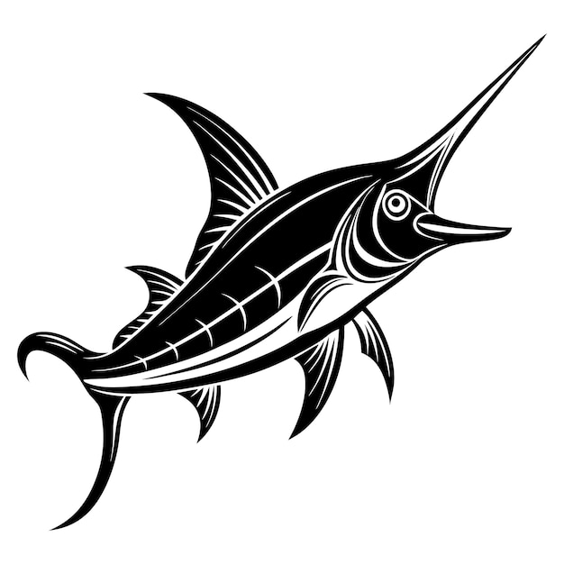 Vector swordfish silhouette line art vector and line cut black and white illustration