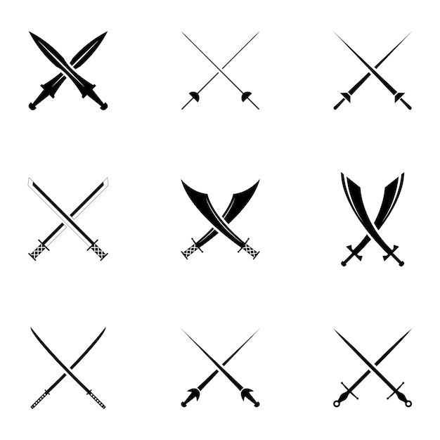 Swords Set Collection of Crossed Knight Sword Ancient Weapon silhouettes Design