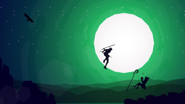 swordsman duel. witch against swordsman. full moon illustration background. Witch Under Moon Night.