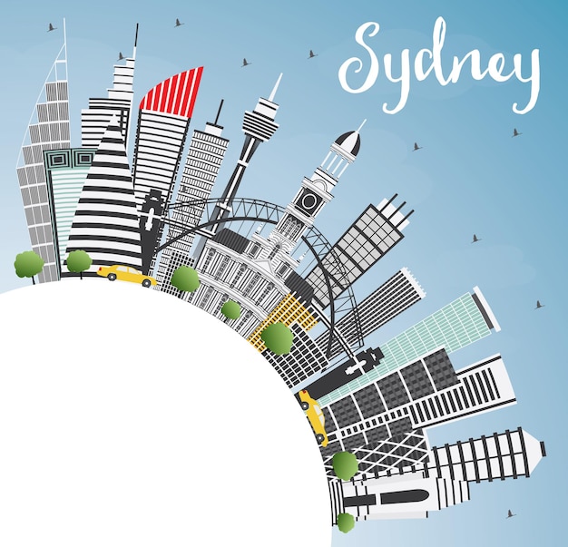 Sydney Australia City Skyline with Gray Buildings, Blue Sky and Copy Space. Vector Illustration. Business Travel and Tourism Concept with Modern Architecture. Sydney Cityscape with Landmarks.