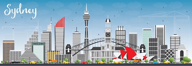 Sydney Australia Skyline with Gray Buildings and Blue Sky. Vector Illustration. Business Travel and Tourism Concept with Modern Architecture. Image for Presentation Banner Placard and Web Site.