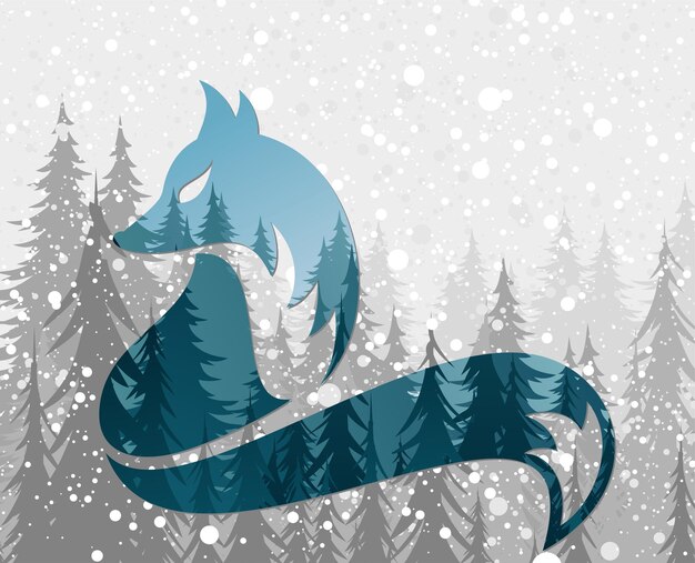 Vector a symbol of a blue fox with winter forest