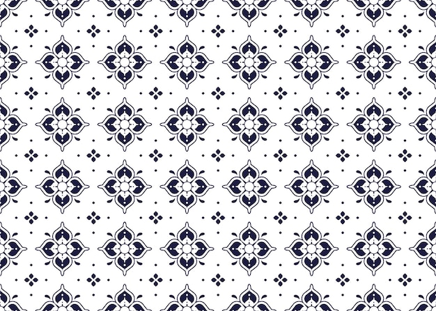 Symbol dark blue floral seamless pattern on a white background