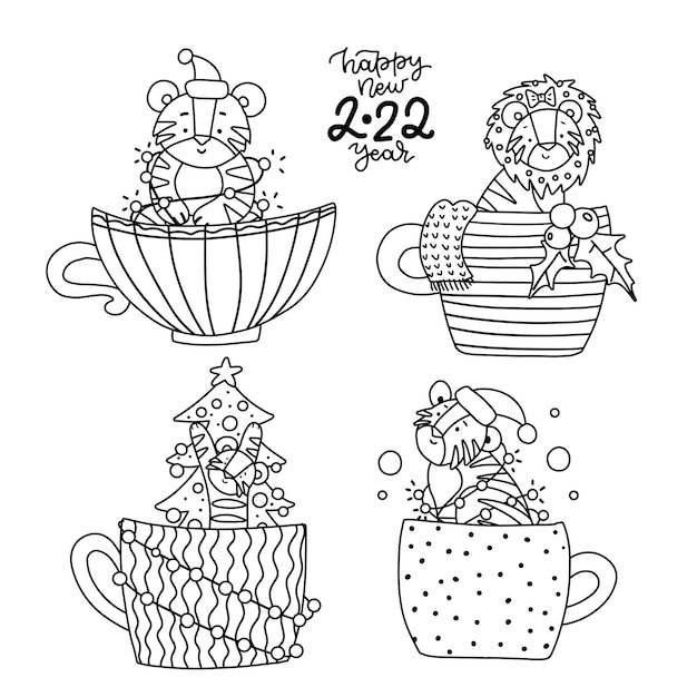 Symbol of  little tiger in hand drawn liner style new year coloring page set black on white line art...