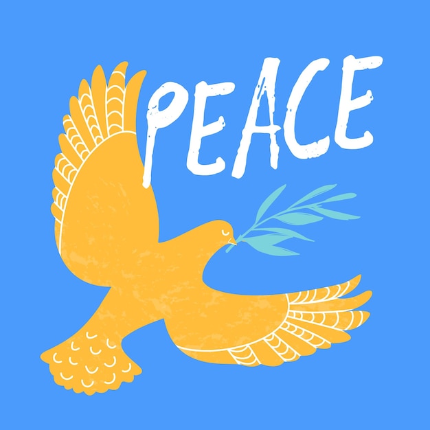 Symbol of peace flying dove pigeon bird with olive branch twig Support Ukraine No war sign poster