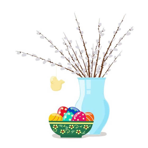 Symbols of the happy Easter holiday painted eggs a vase with willow twigs