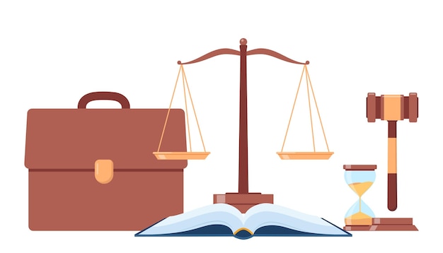 Vector symbols of justice law book judicial gavel weights of justice courthouse briefcase