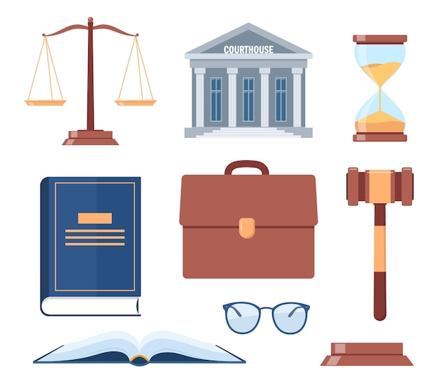 Vector symbols of justice law book judicial gavel weights of justice courthouse briefcase