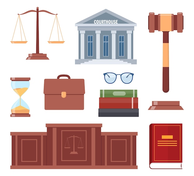 Vector symbols of justice law book judicial gavel weights of justice courthouse judicial