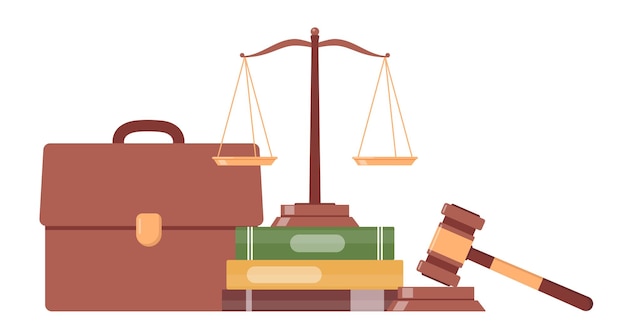 Vector symbols of justice law books judicial gavel weights of justice briefcase vector illustration