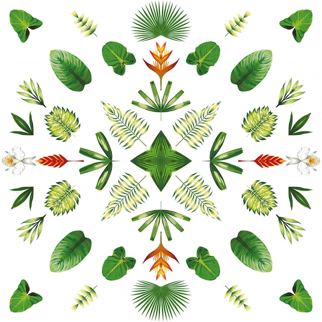 Symmetric geometric tropical flowers and leaves white