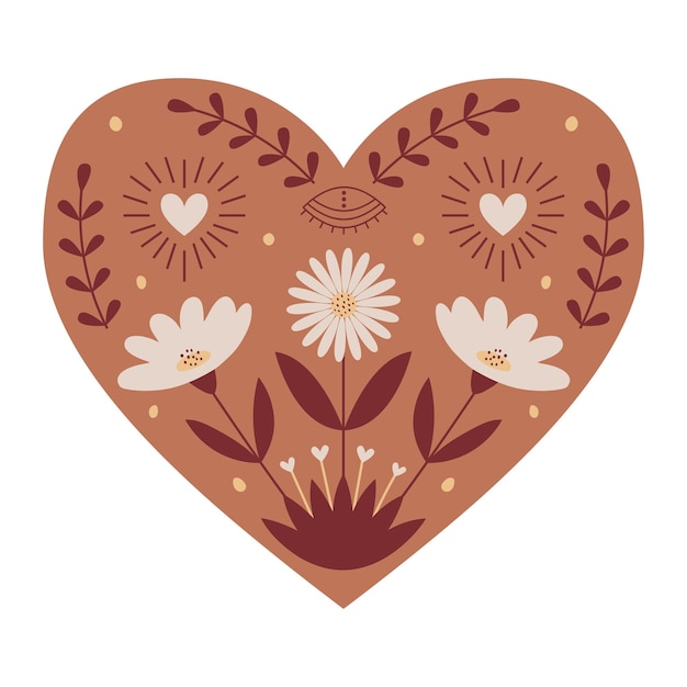 Symmetrical Mystical Heart with boho elements eye flowers hearts and twigs Decorative element for Valentine's day cards packaging design Color vector illustration isolated on a white background