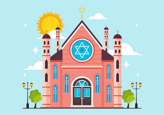 Vector synagogue building or jewish temple illustration with religious or judaism and jew worship place