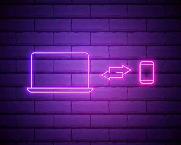 Synchronize smart phone with laptop icon in neon style One of Mobile banking collection icon can be used for UI UX Brick wall