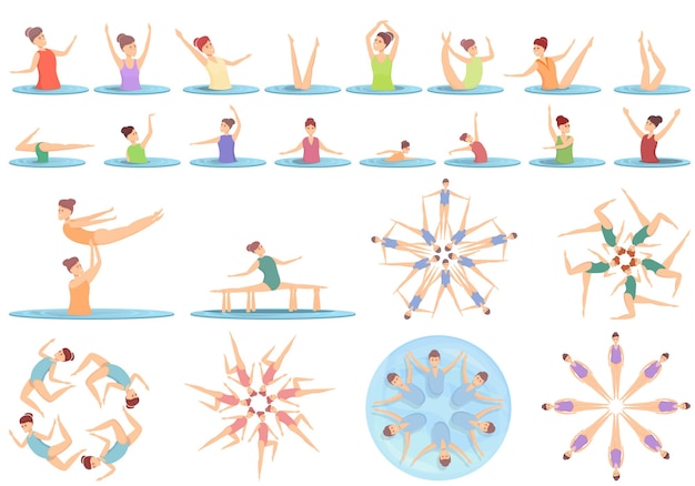 Synchronized swimming icons set cartoon vector. Swim sport