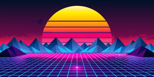 Vector synthwave 80s landscape vector illustration flat 2