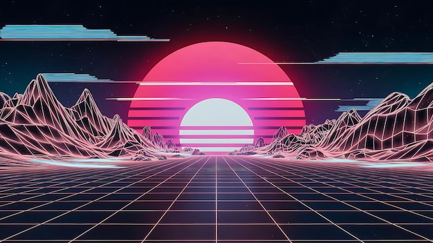 Vector synthwave art with retro futuristic neon skyline