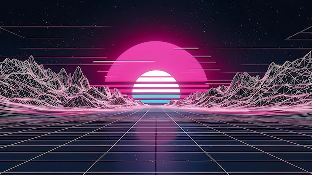 Vector synthwave art with retro futuristic neon skyline