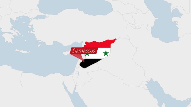 Syria map highlighted in Syria flag colors and pin of country capital Damascus