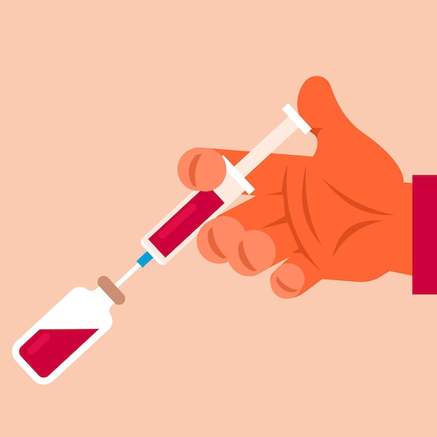 Syringe in hand Vector illustration in flat style Vaccination concept