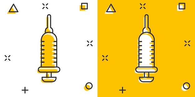 Syringe icon in comic style Inject needle cartoon vector illustration on white isolated background Drug dose splash effect business concept