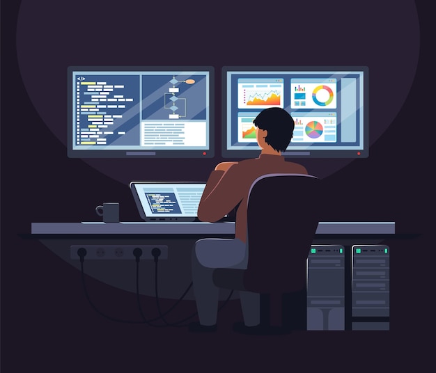 System administrator software developer working on laptop computer in office flat vector illustration