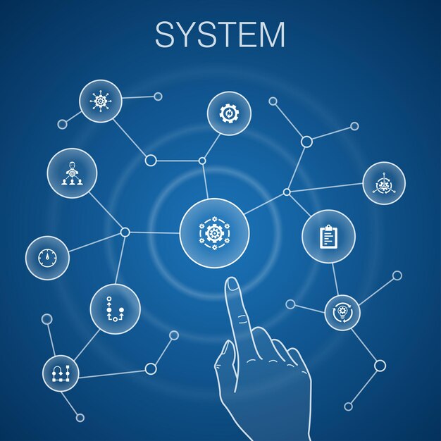 System concept, blue background.management, processing, plan, scheme icons